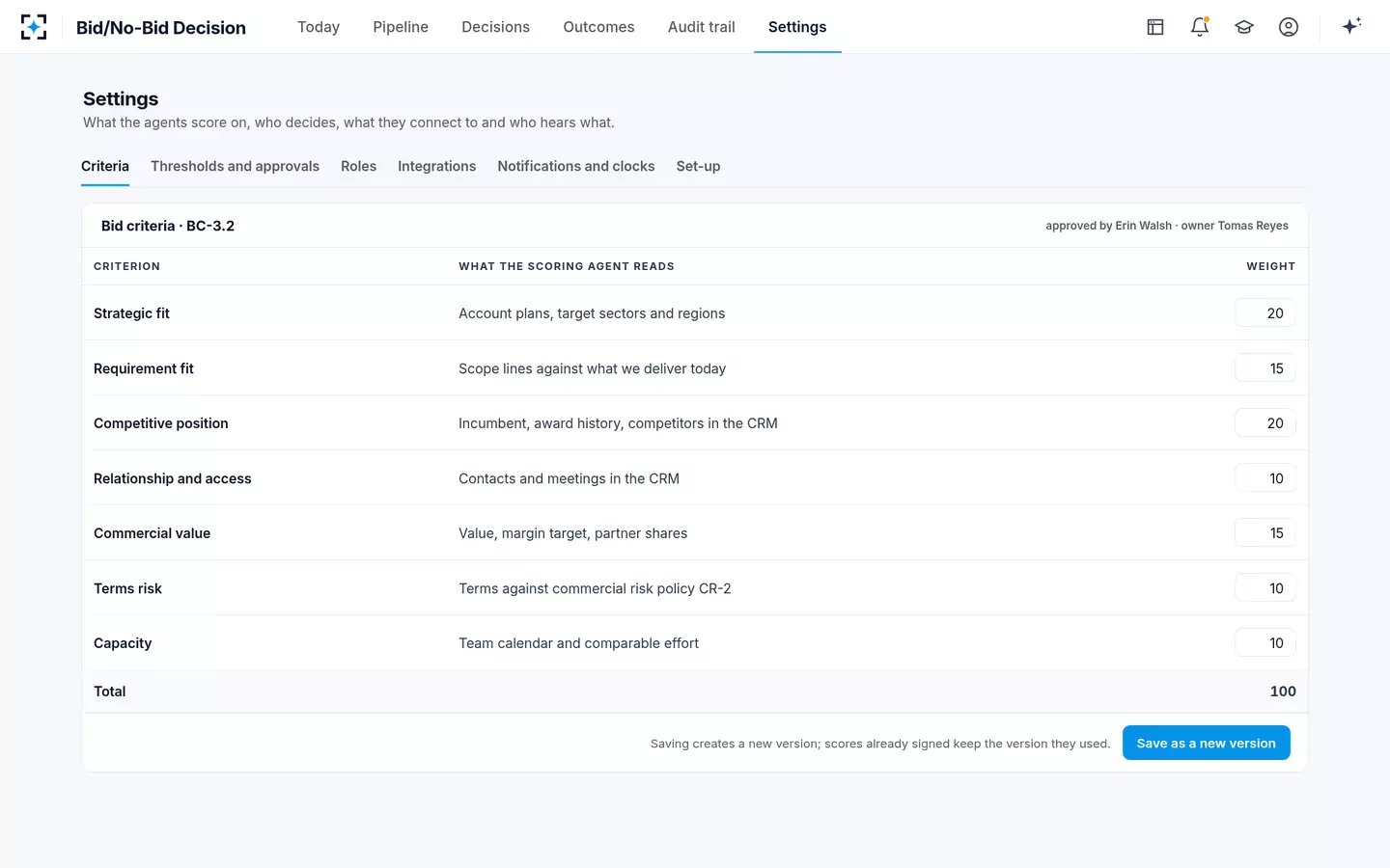 Bid/No-Bid Decision — Your bid criteria