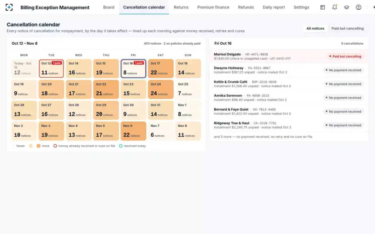 Billing Exception Management — Cancellation calendar