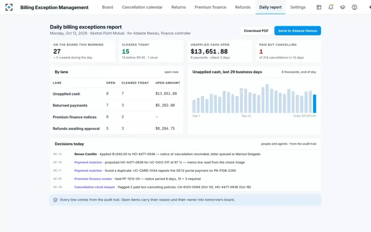 Billing Exception Management — Daily exceptions report