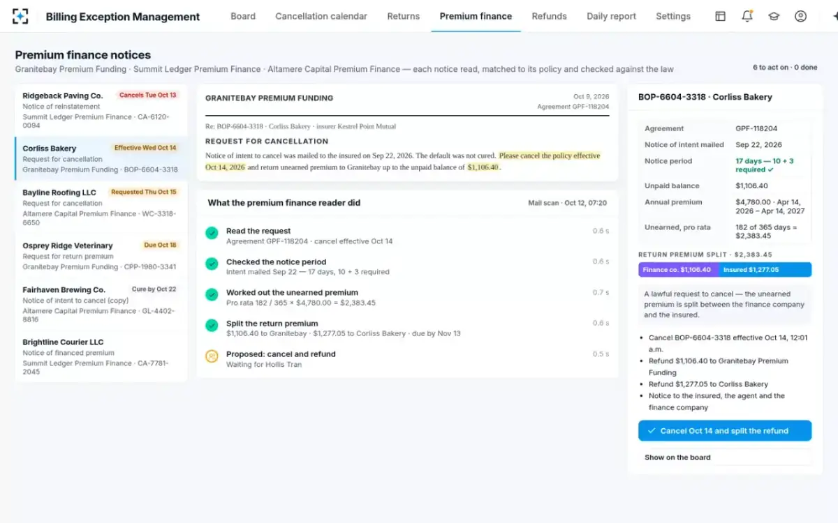 Billing Exception Management — Return premium split