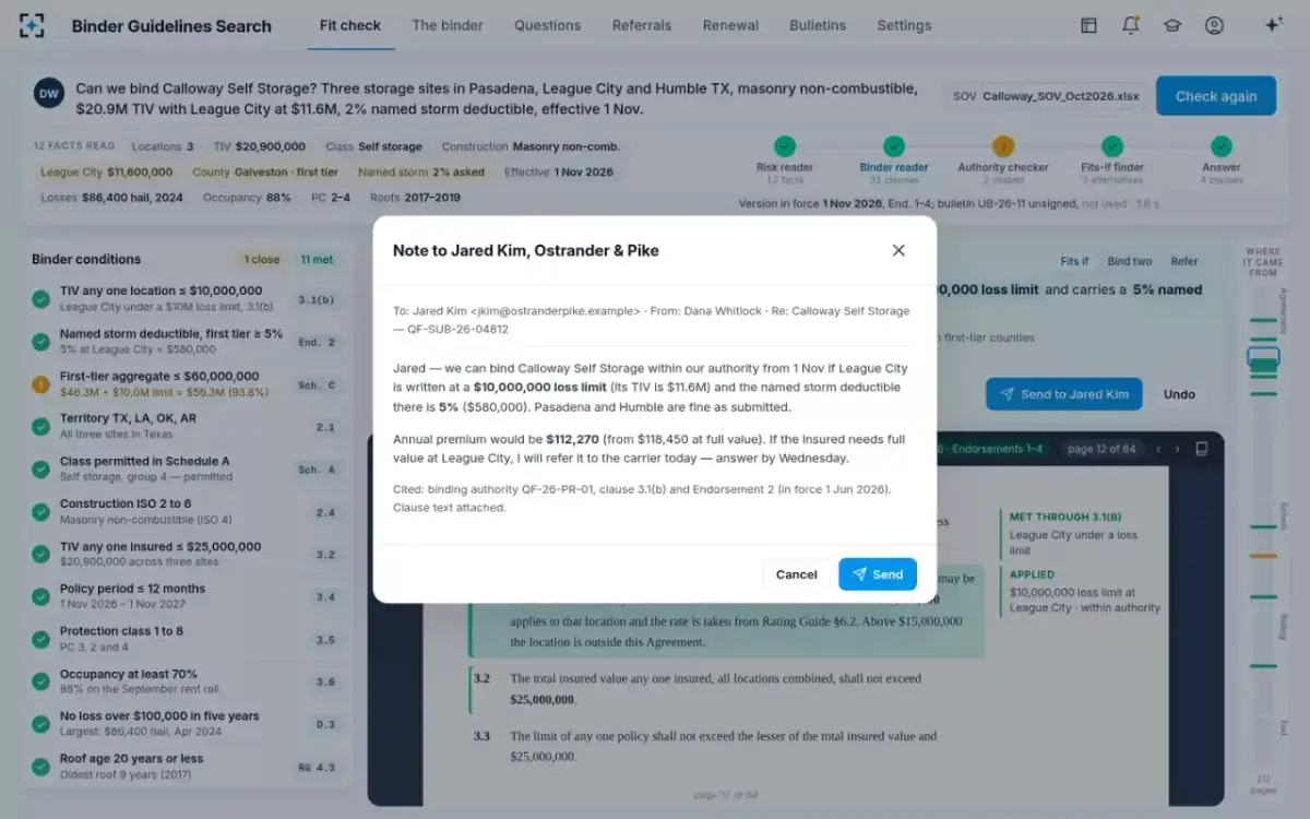 Binder Guidelines Search — Note to the broker