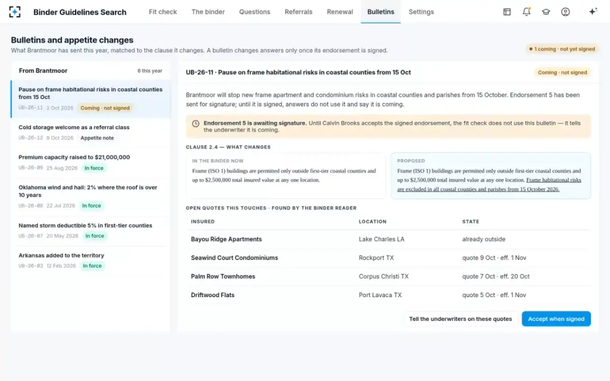 Binder Guidelines Search — Bulletins and appetite changes