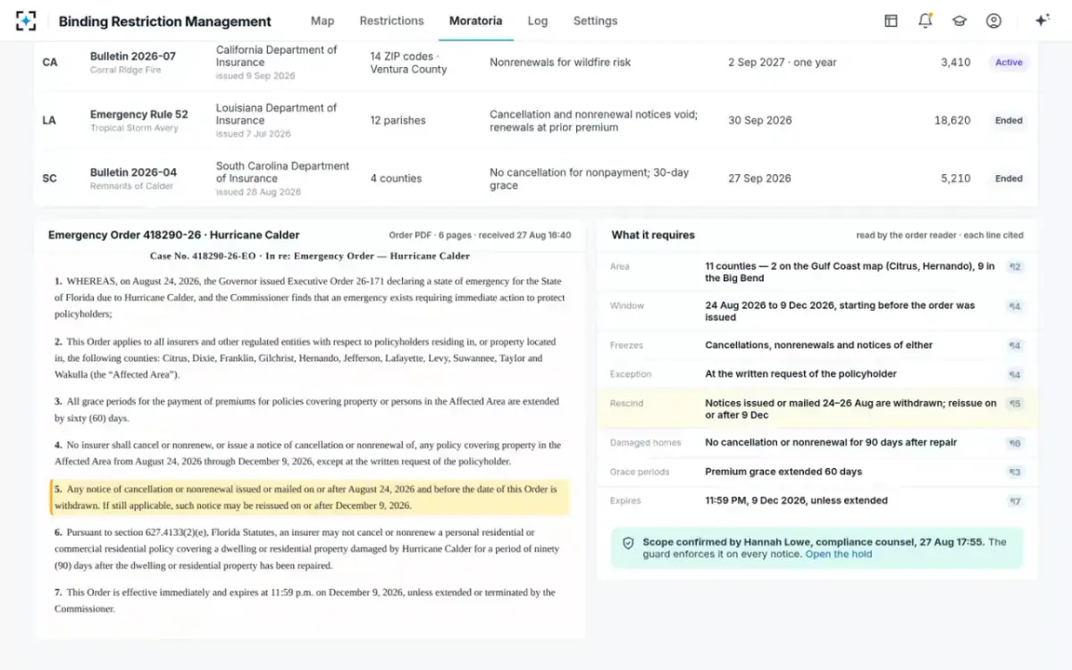 Binding Restriction Management — State orders and moratoria