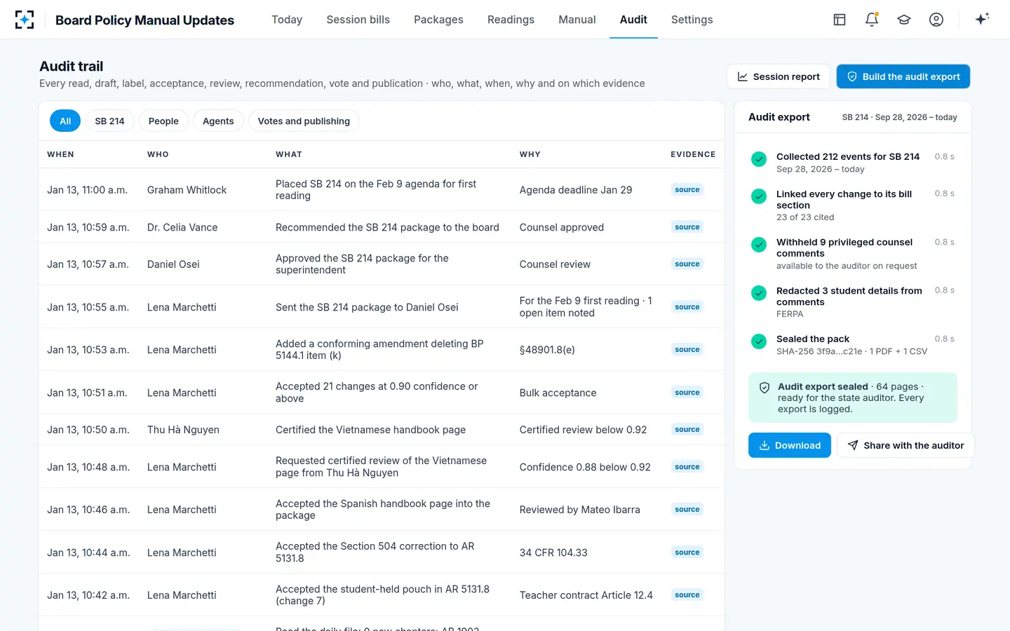 Board Policy Manual Updates — Every decision logged, sealed into one export for an auditor