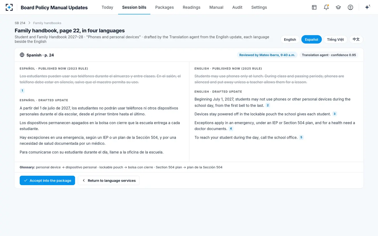 Board Policy Manual Updates — The Spanish handbook page beside the English