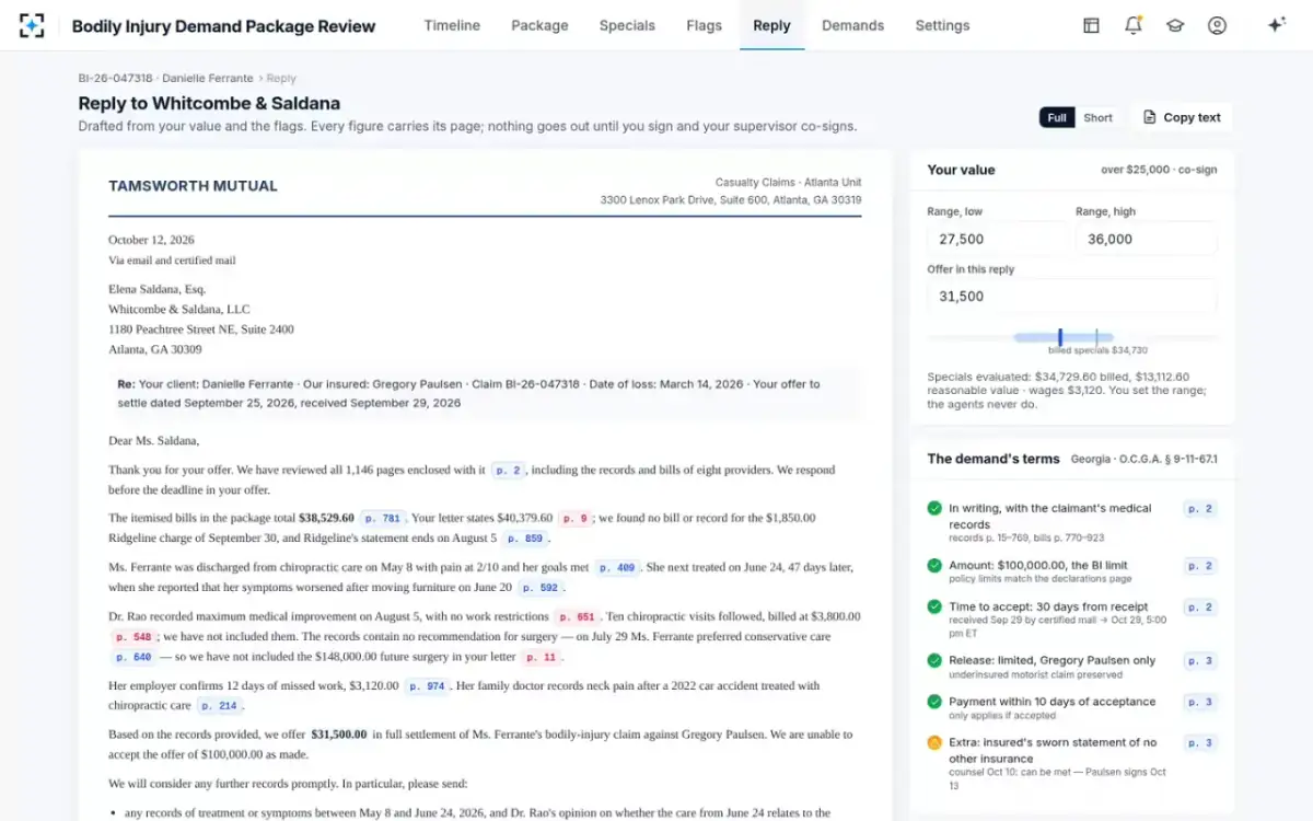 Bodily Injury Demand Package Review — The reply