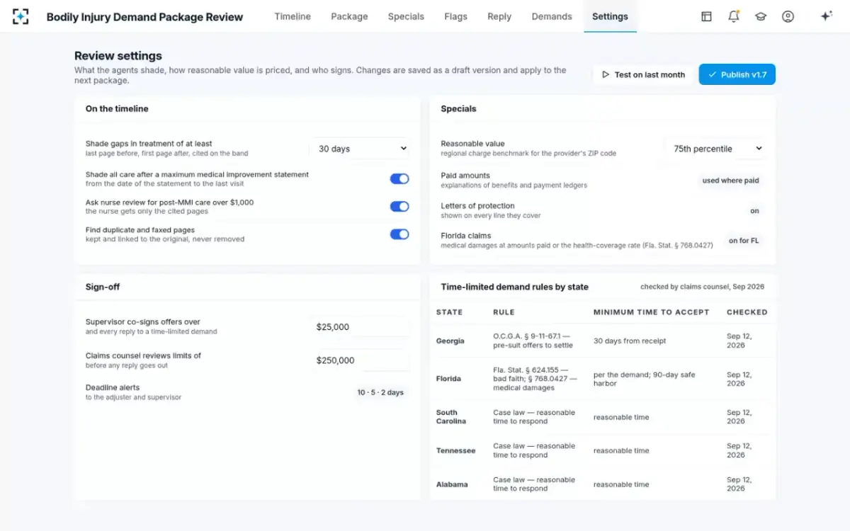 Bodily Injury Demand Package Review — Review settings