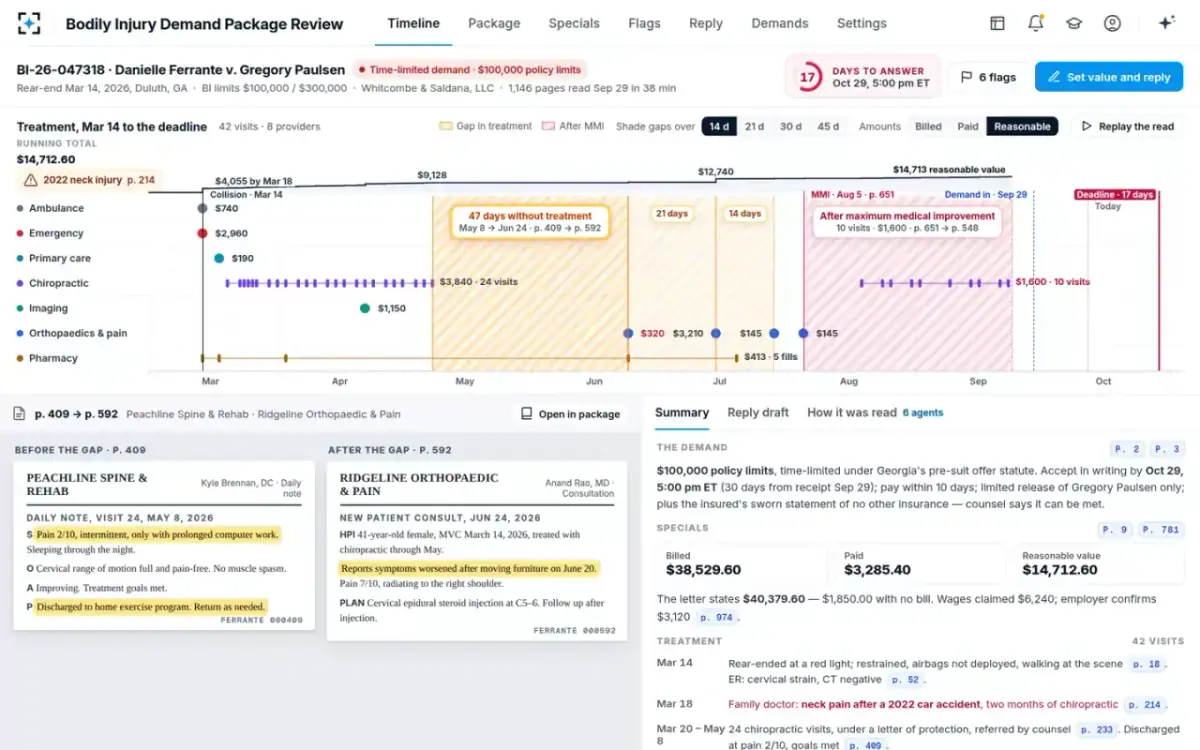 Bodily Injury Demand Package Review — Re-priced in one click