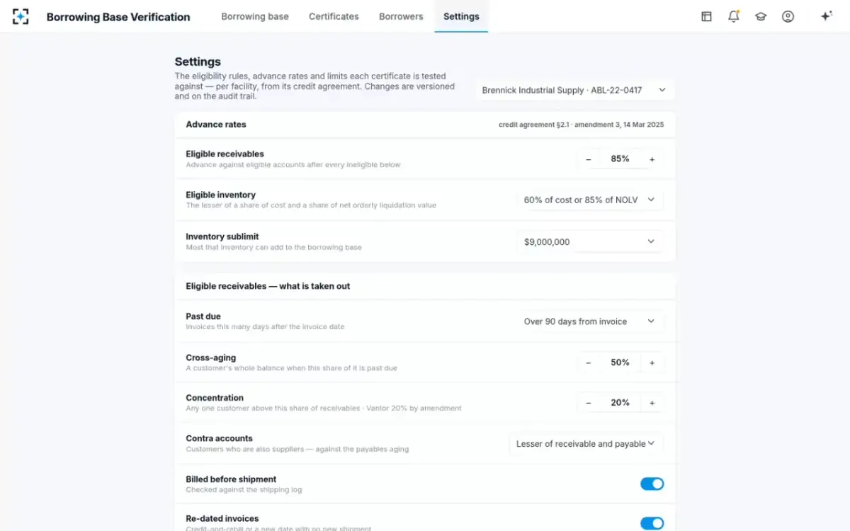 Borrowing Base Verification — Facility rules