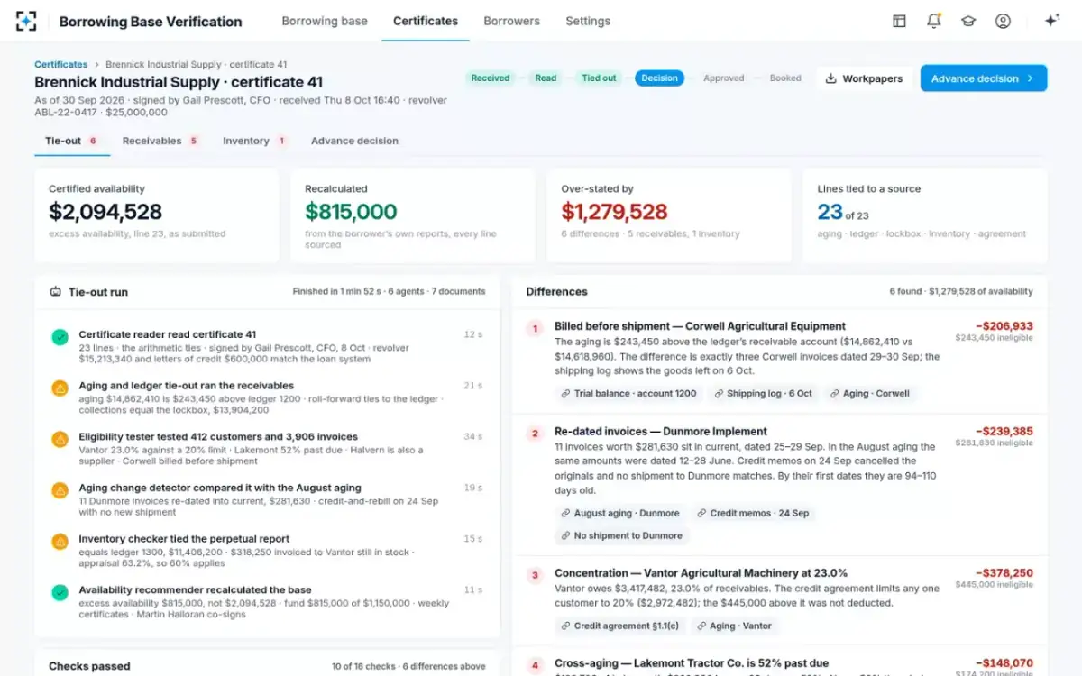 Borrowing Base Verification — Side-by-side tie-out