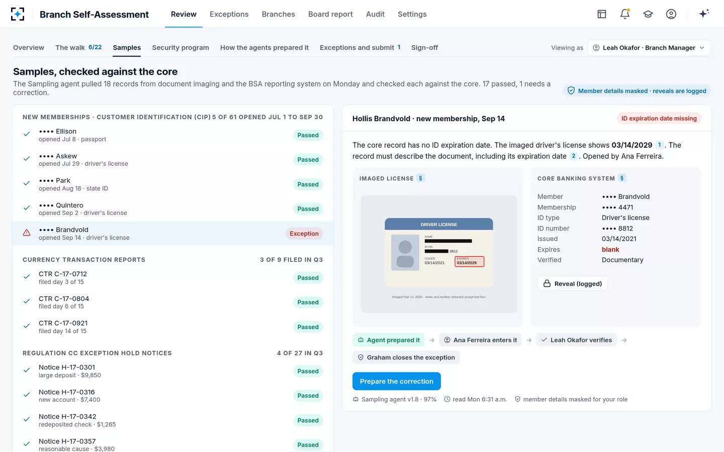 Branch Self-Assessment — File samples against the core