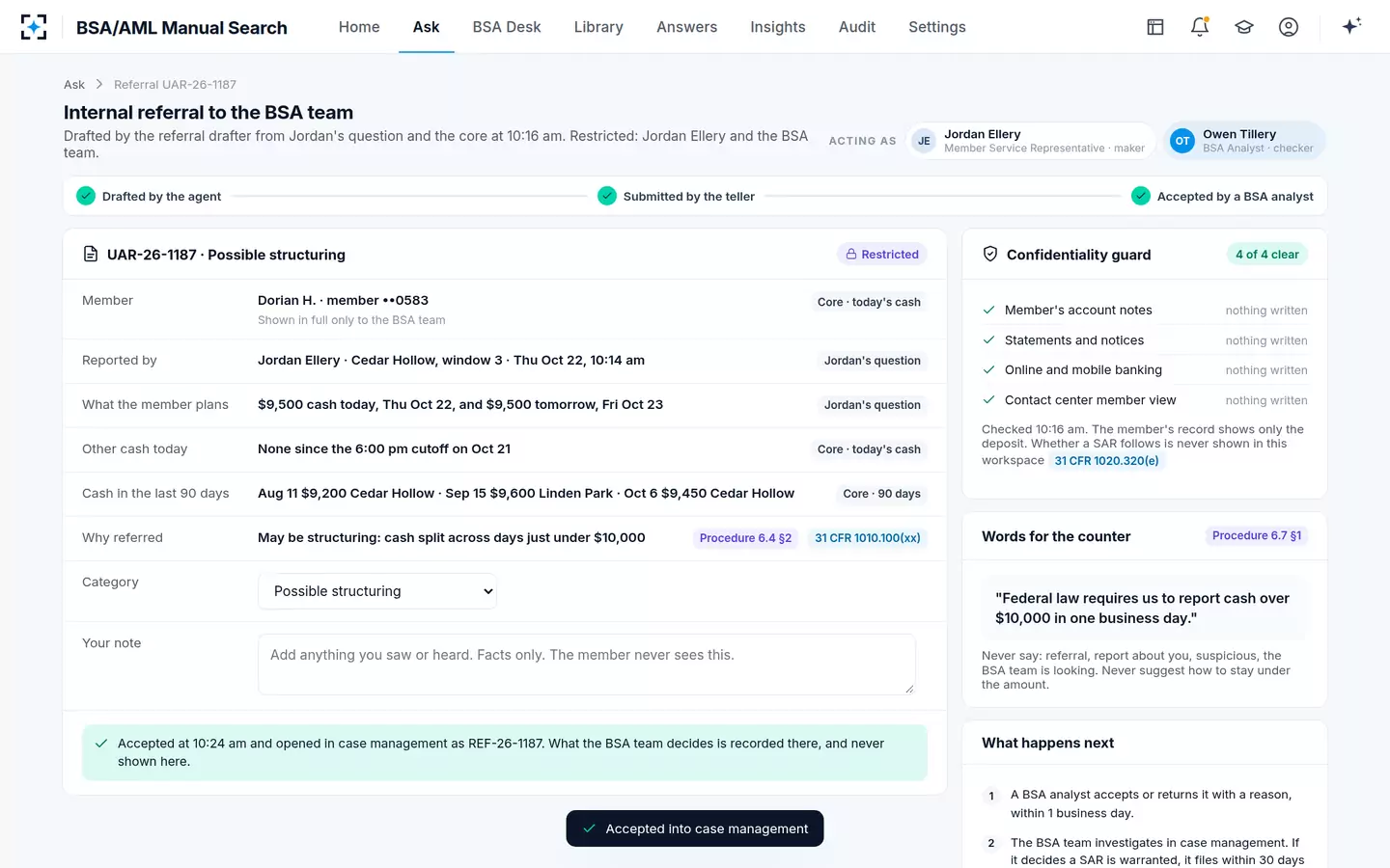 BSA/AML Manual Search — Maker and checker on the referral