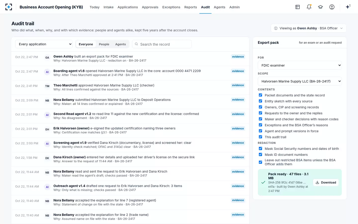 Business Account Opening (KYB) — Audit trail and examiner pack