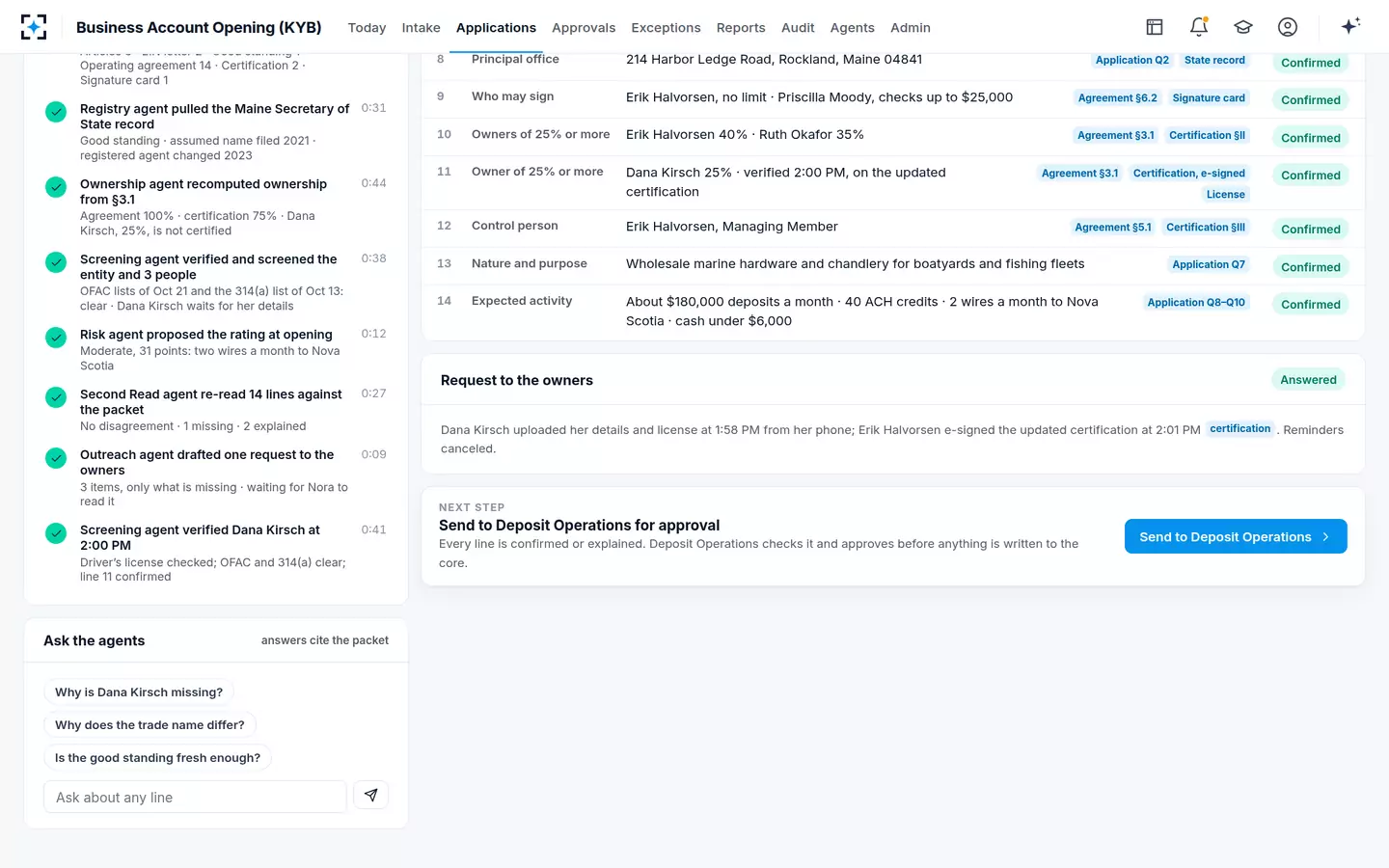 Business Account Opening (KYB) — Every line confirmed, one next step