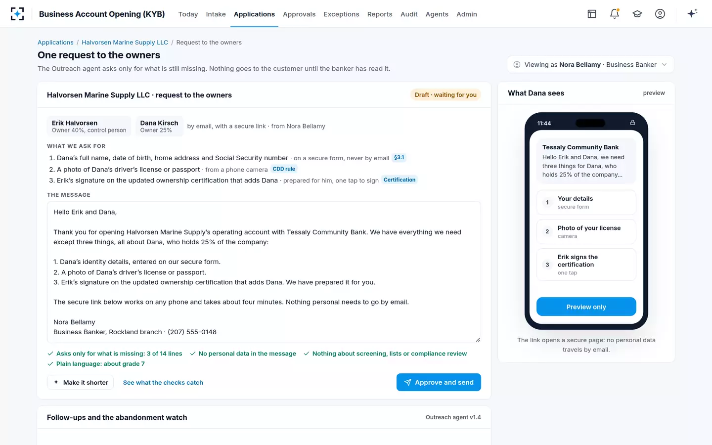 Business Account Opening (KYB) — One request to the owners