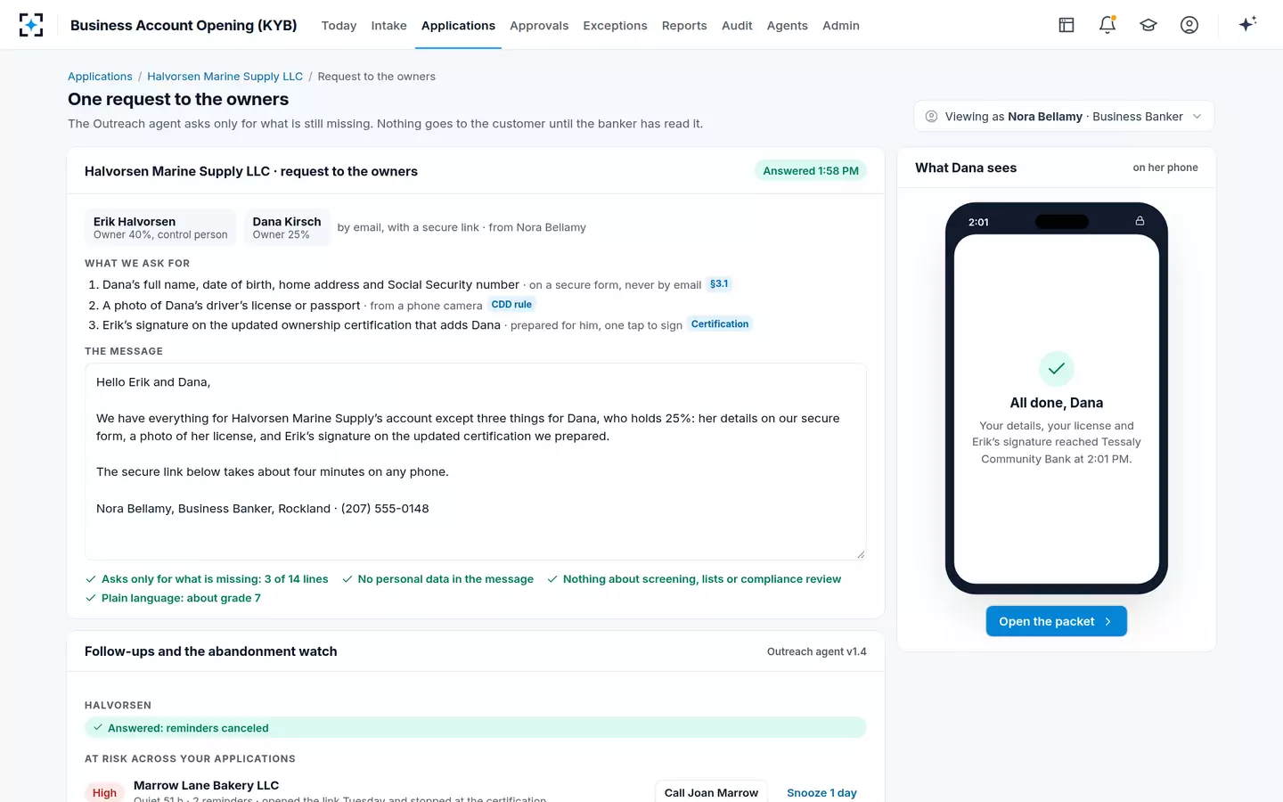 Business Account Opening (KYB) — The owner answers from her phone