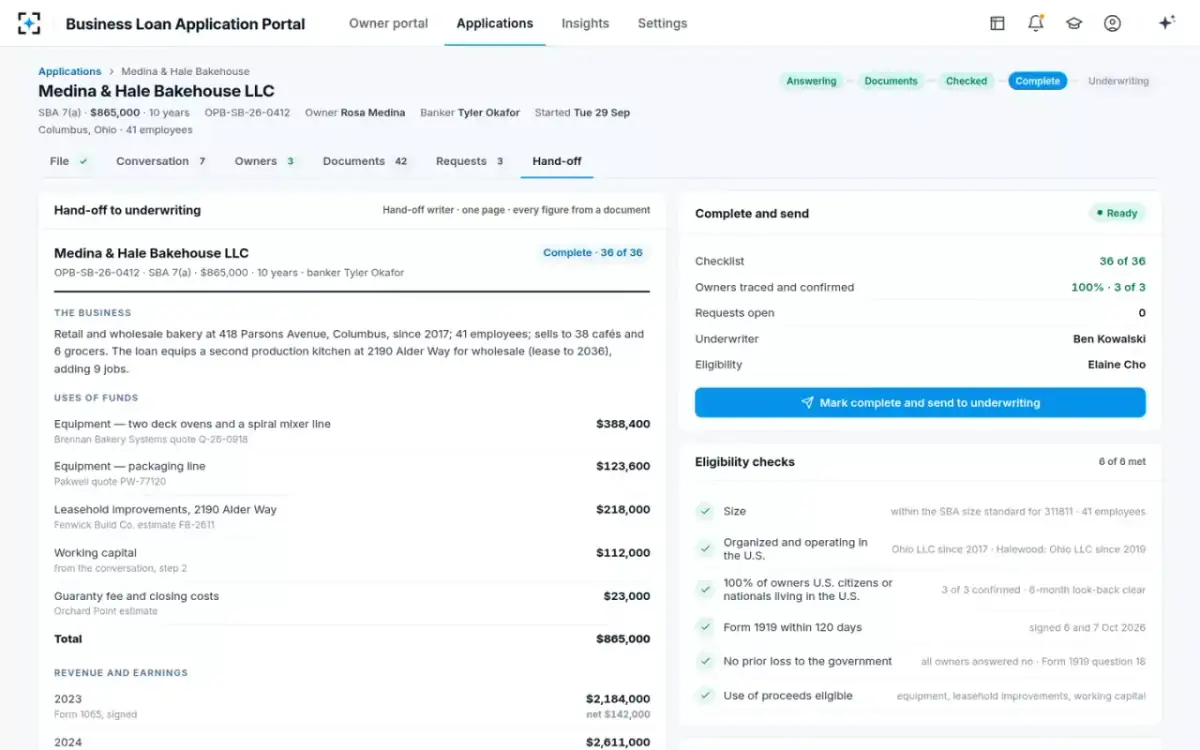 Business Loan Application Portal — Hand-off to underwriting