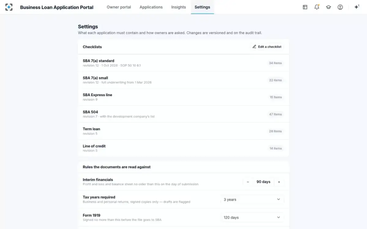 Business Loan Application Portal — Checklists and rules