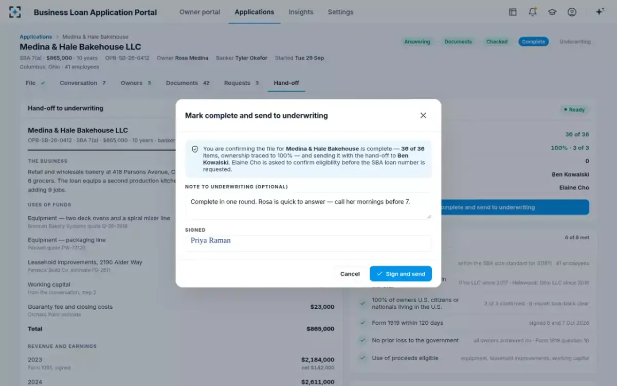 Business Loan Application Portal — Mark complete and send