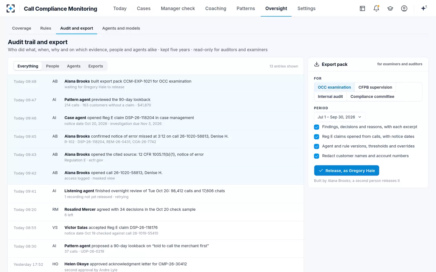 Call Compliance Monitoring — An audit trail and an export pack for examiners