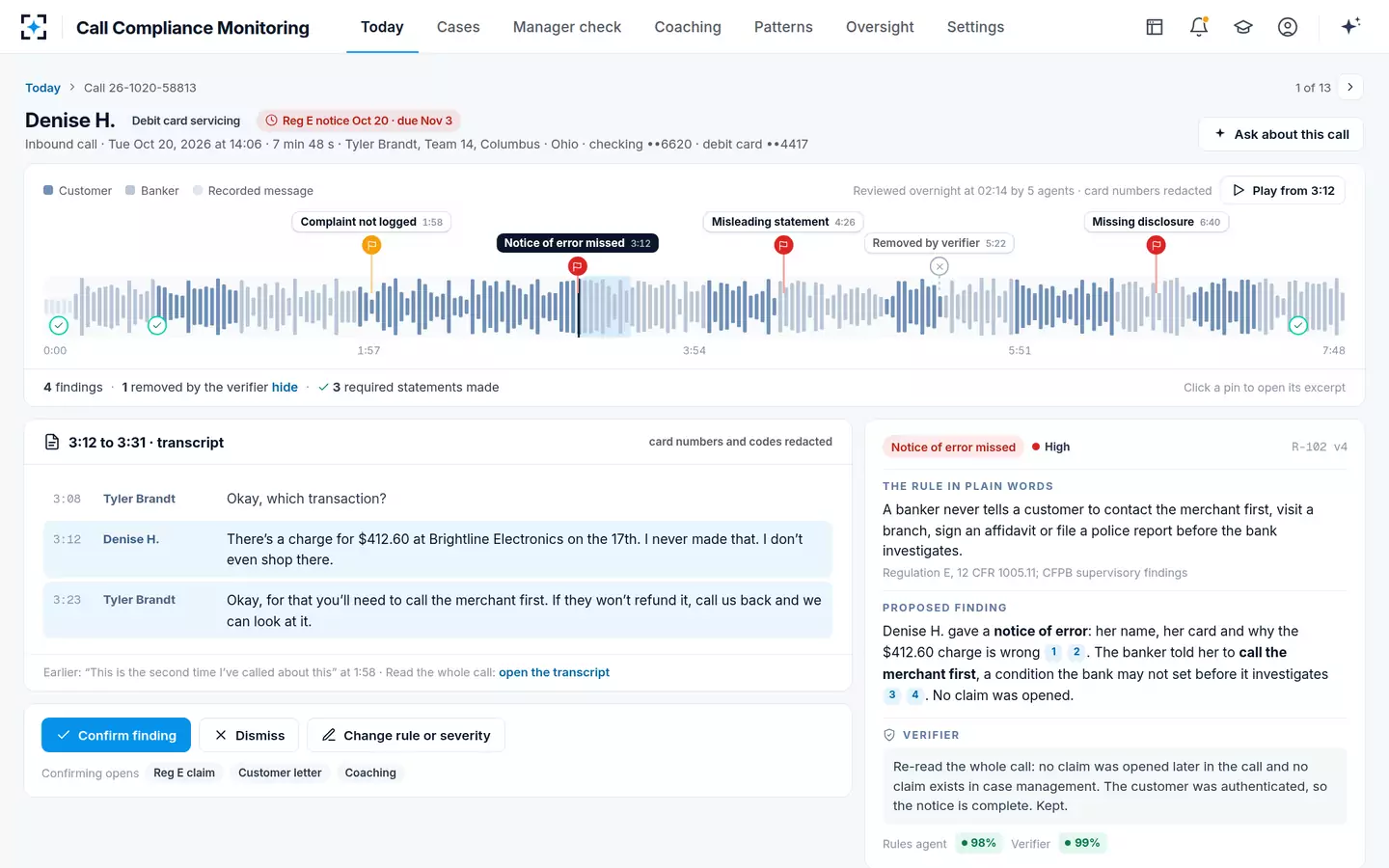 Call Compliance Monitoring — One call, one waveform, a pin at every second that matters