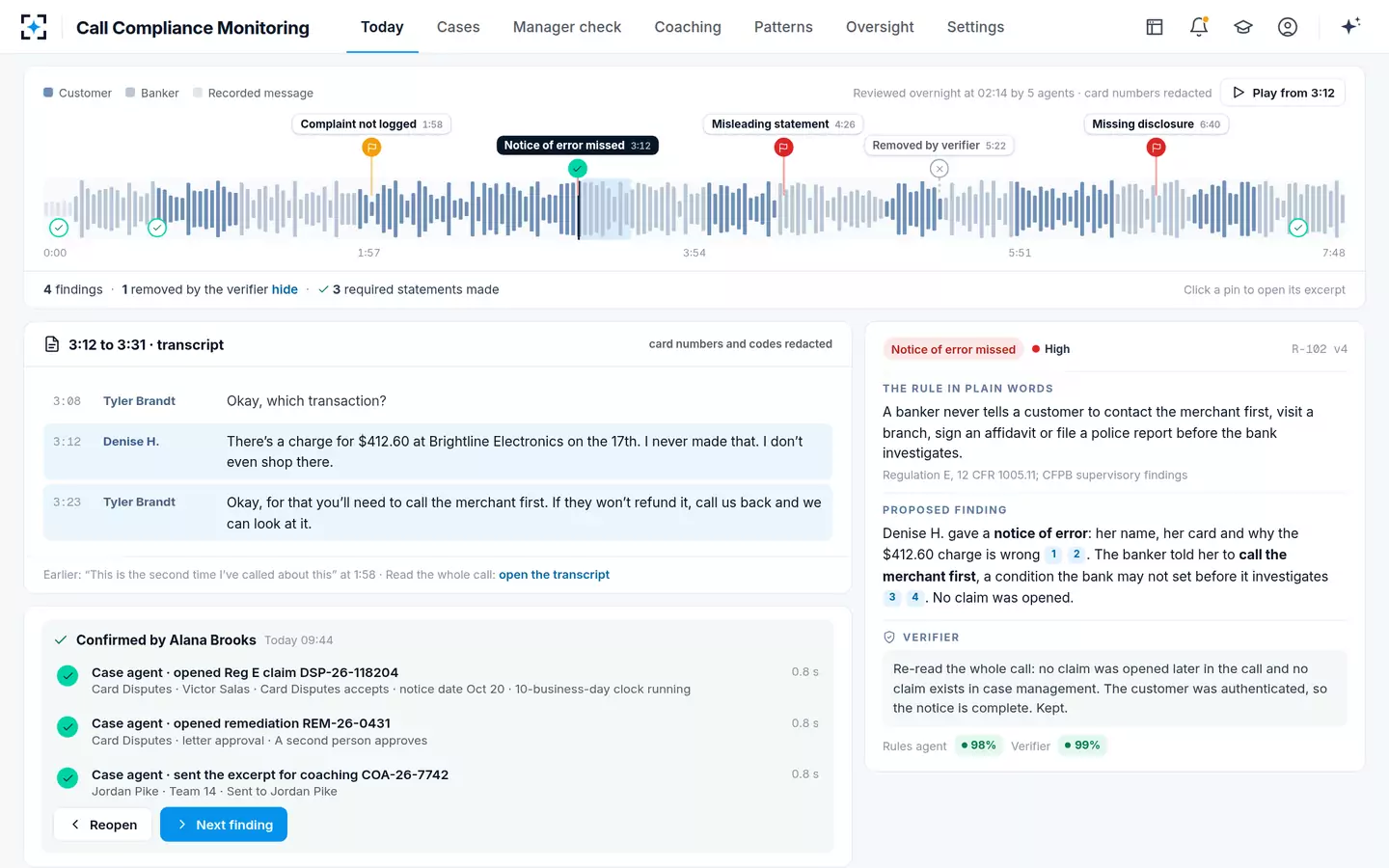 Call Compliance Monitoring — The case agent opens each case, step by step