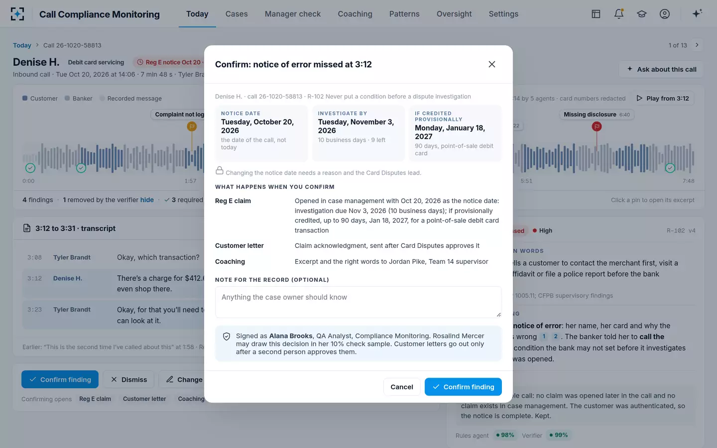 Call Compliance Monitoring — Confirming starts the Regulation E clock on the call date
