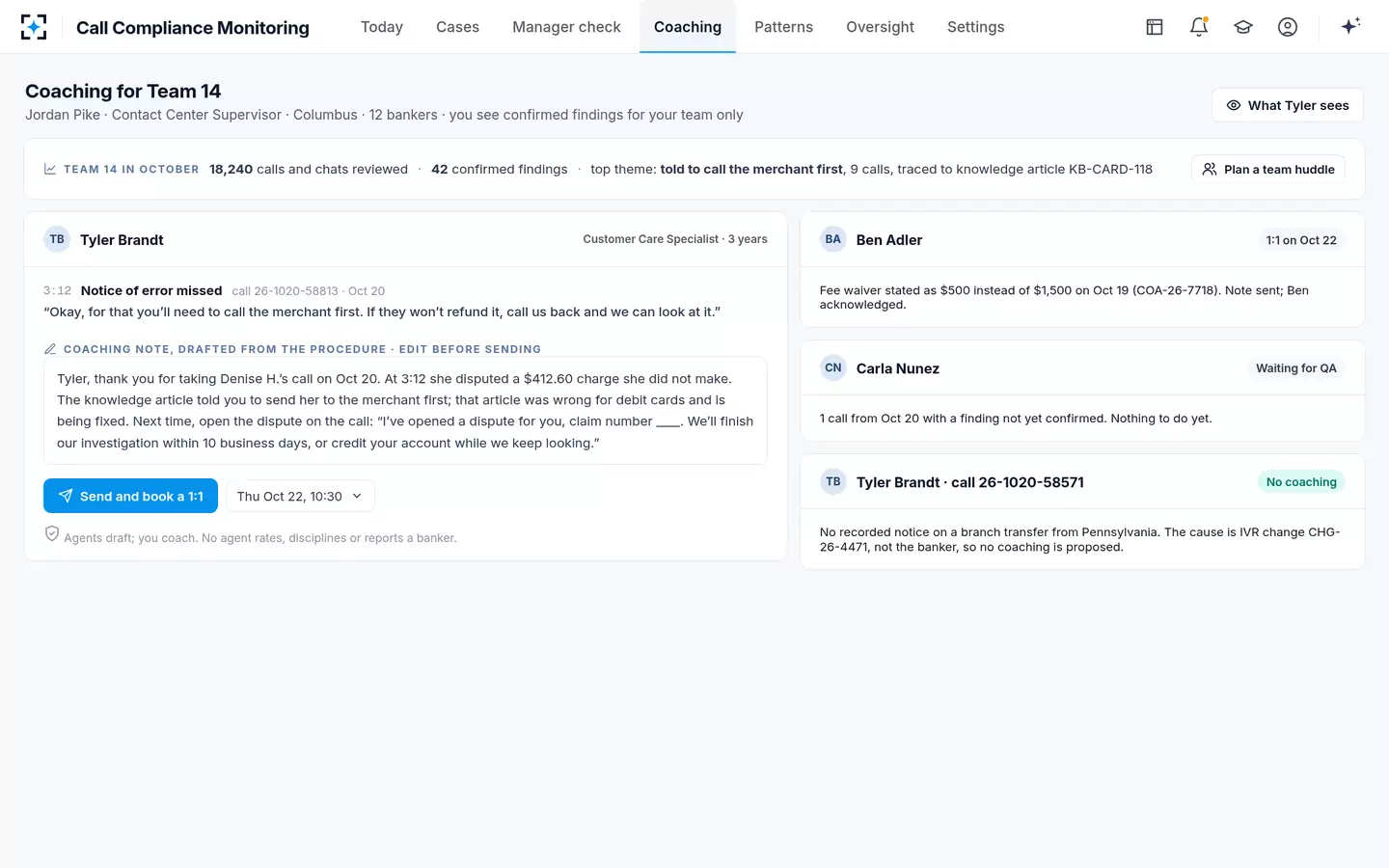 Call Compliance Monitoring — Coaching from the bank's own words, sent by the supervisor