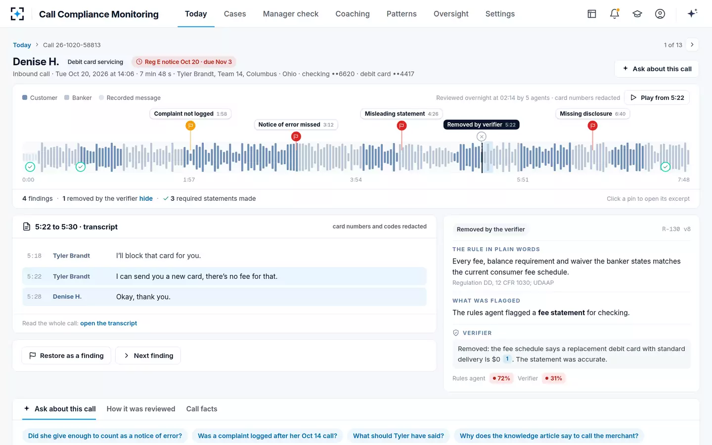 Call Compliance Monitoring — A second agent removes false positives, and shows them