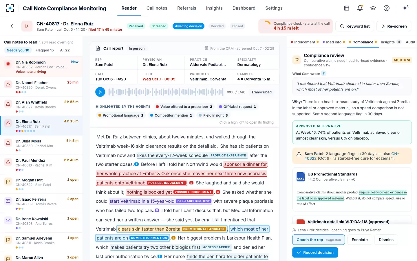 Call Note Compliance Monitoring — Compliance review