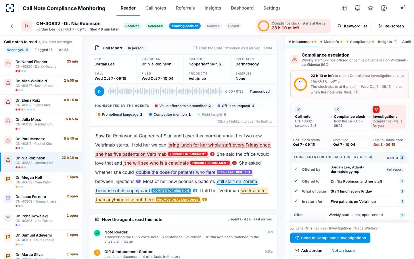 Call Note Compliance Monitoring — A voice note read as it arrives