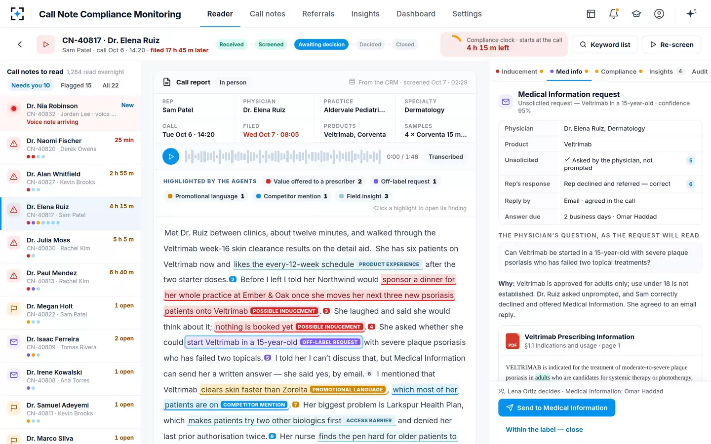 Call Note Compliance Monitoring — Medical Information request