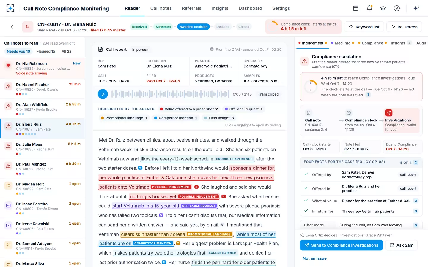 Call Note Compliance Monitoring — The call note reader