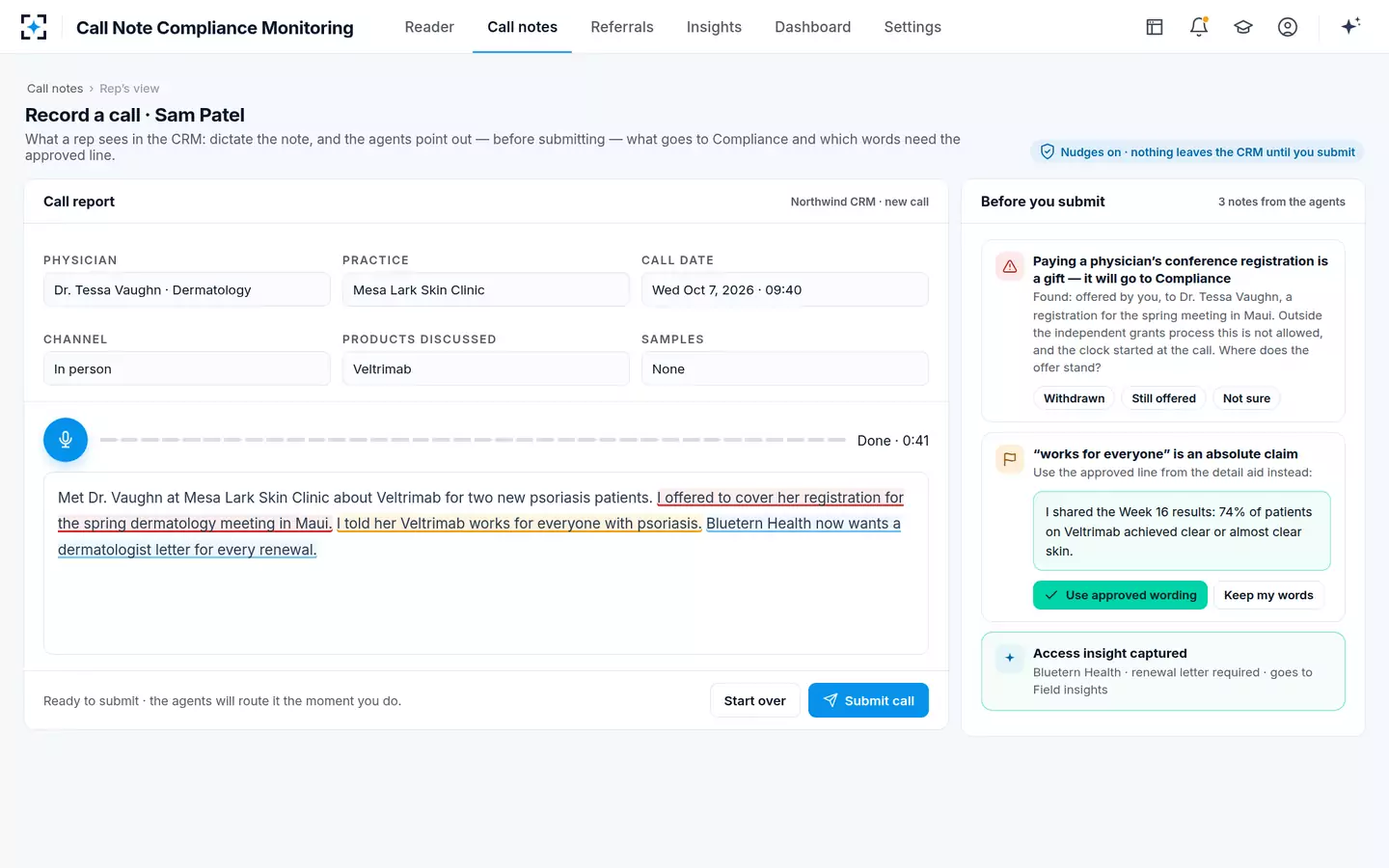 Call Note Compliance Monitoring — The rep's view