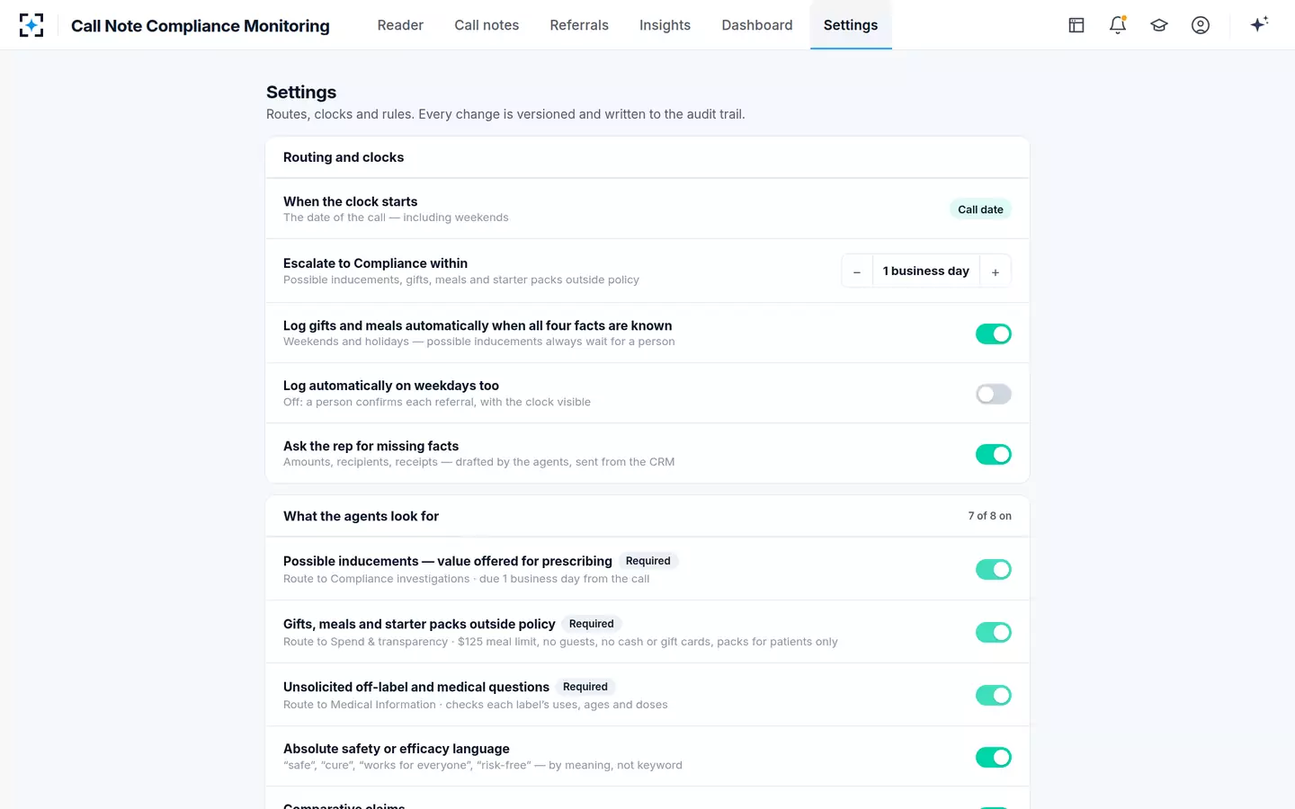 Call Note Compliance Monitoring — Your rules
