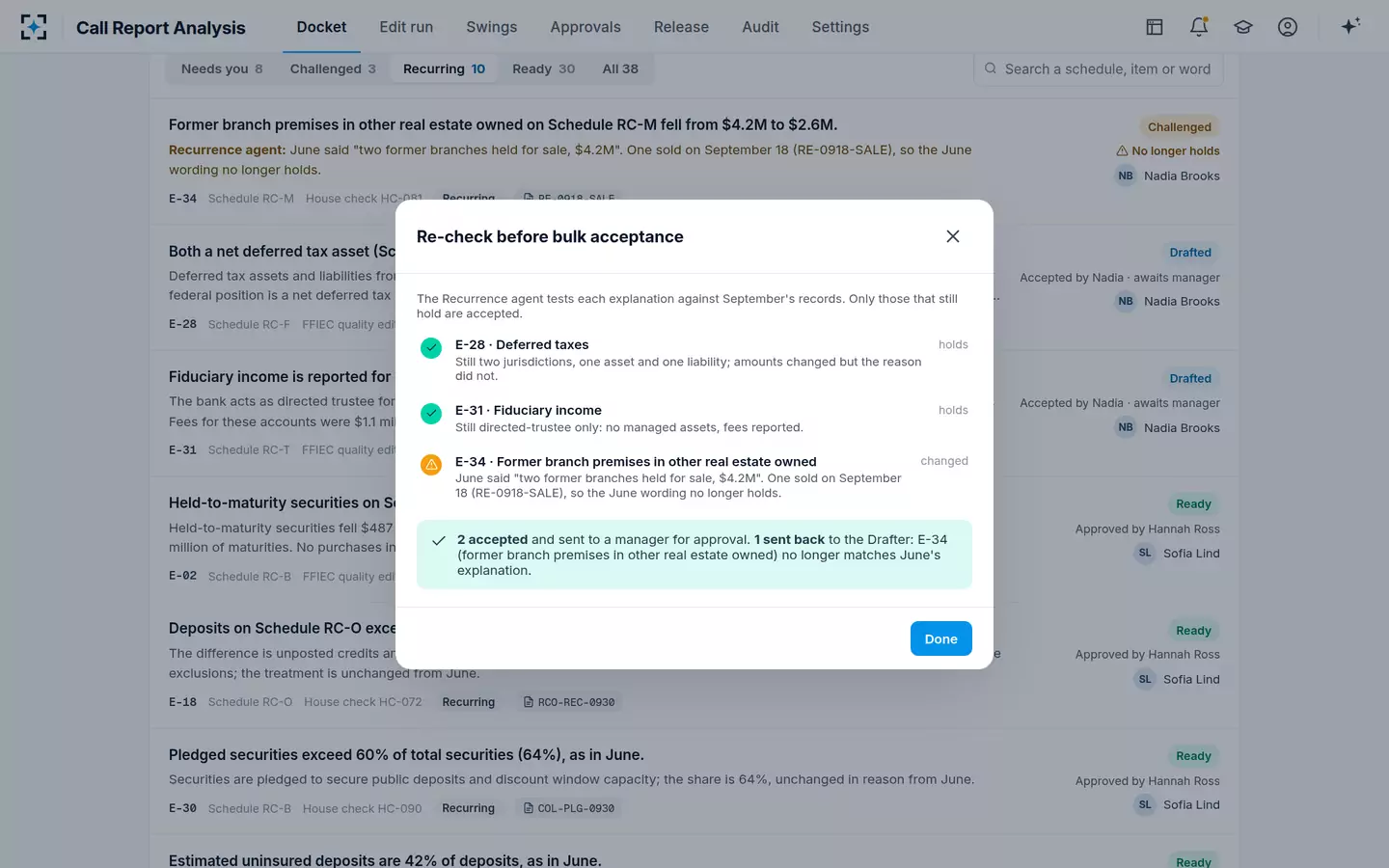Call Report Analysis — Recurring explanations, re-checked