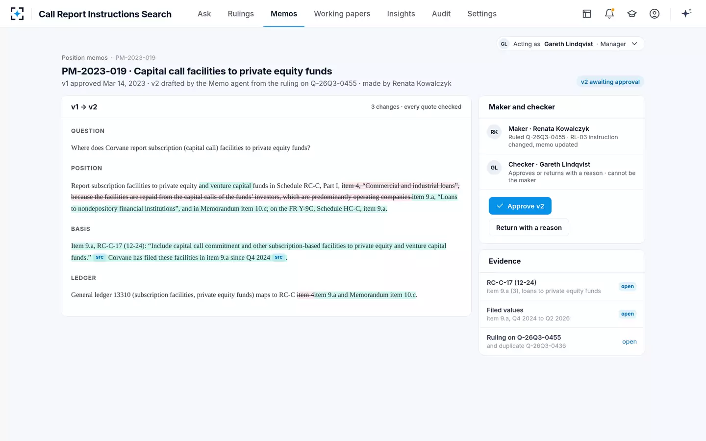 Call Report Instructions Search — Maker and checker on every memo