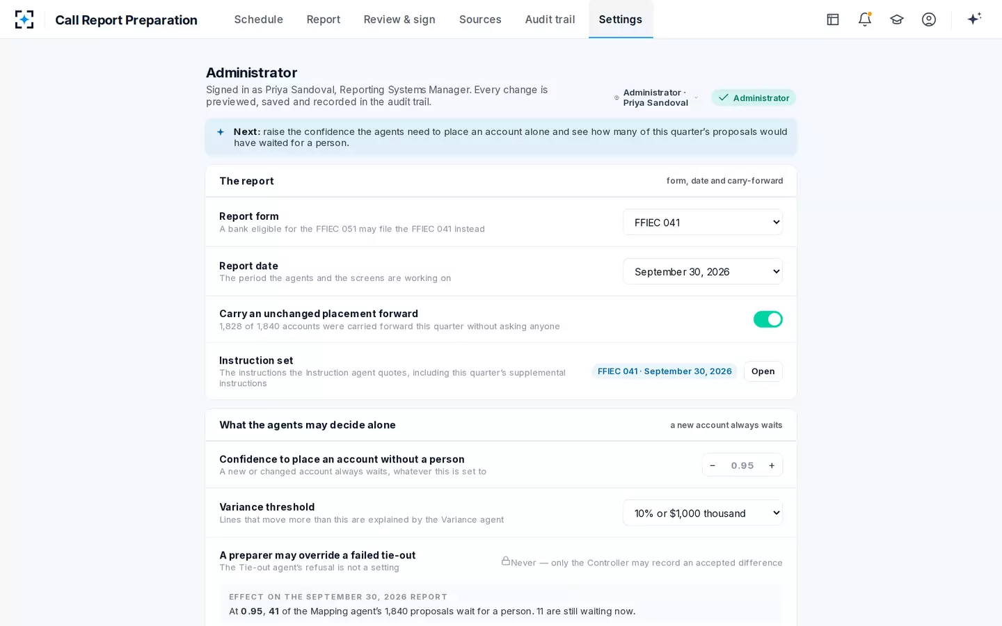 Call Report Preparation — The administrator's settings
