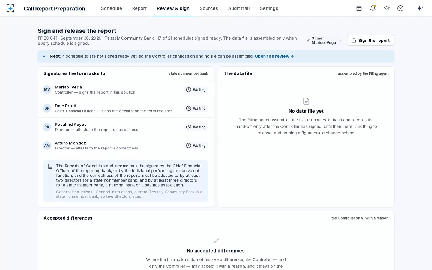 Call Report Preparation — Sign, declare, attest, release