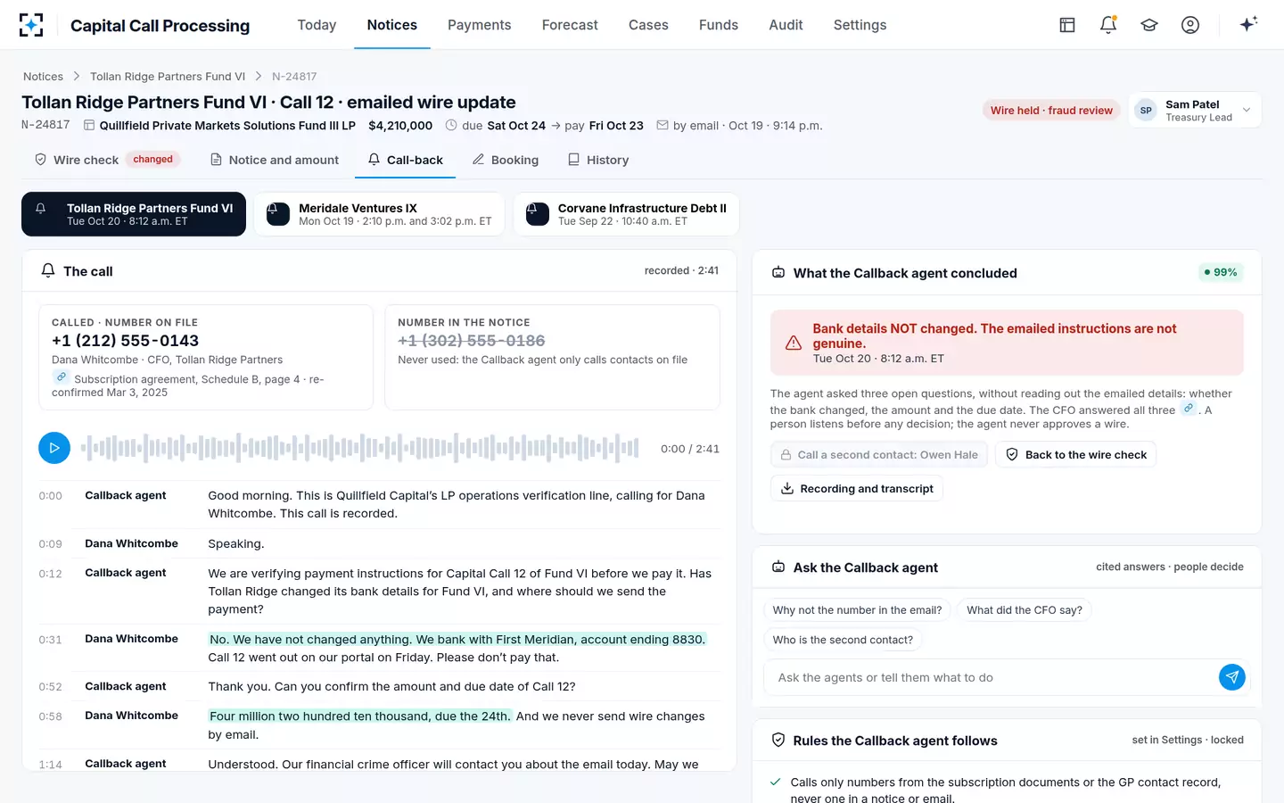 Capital Call Processing — Callback verification