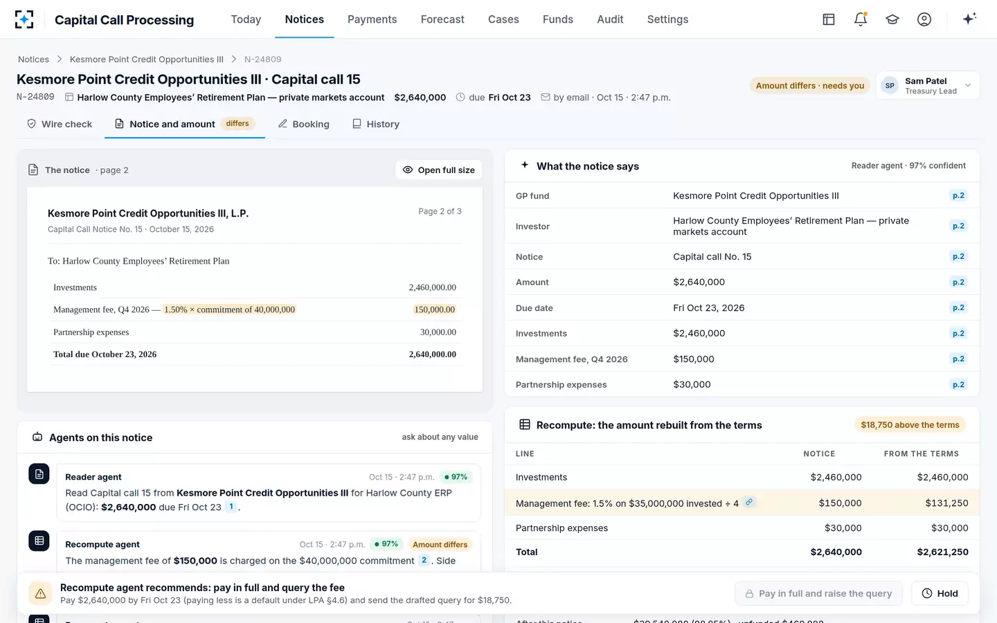 Capital Call Processing — Amount against the fee terms
