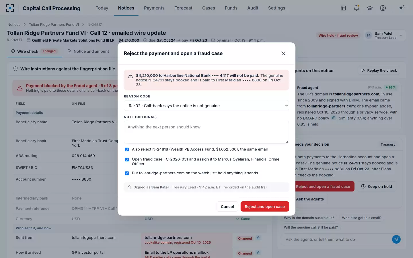 Capital Call Processing — Reject with a reason code