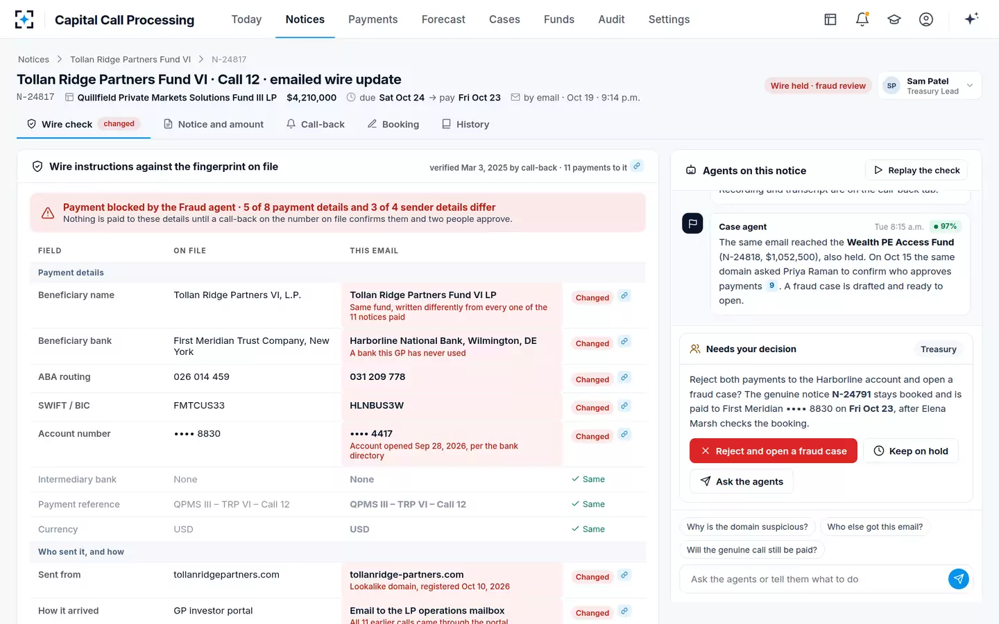Capital Call Processing — Wire instruction verification