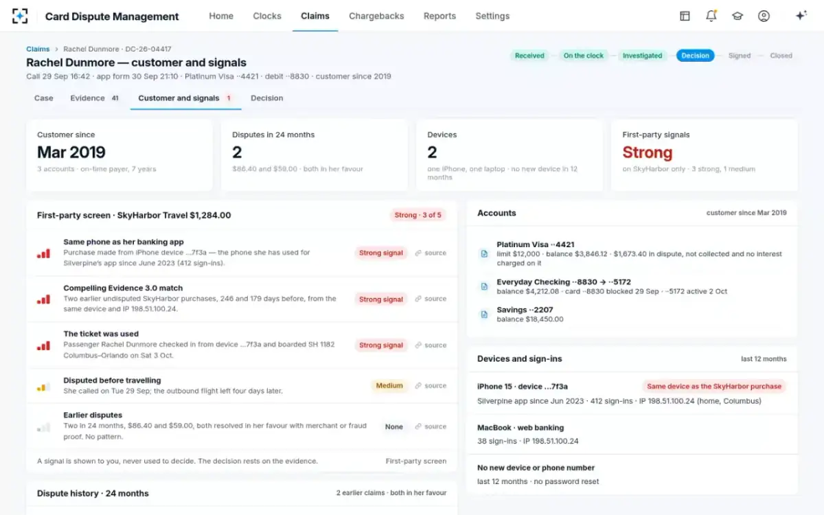 Card Dispute Management — Customer and signals
