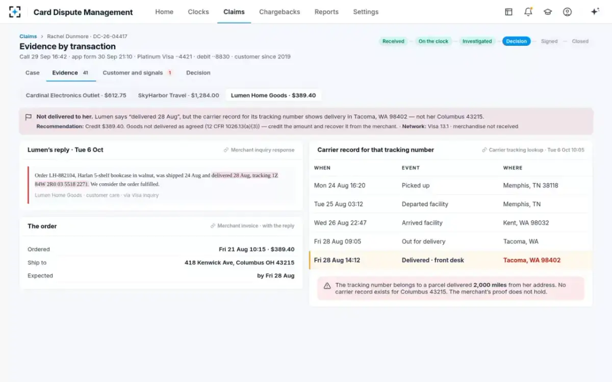 Card Dispute Management — Merchant reply and carrier record