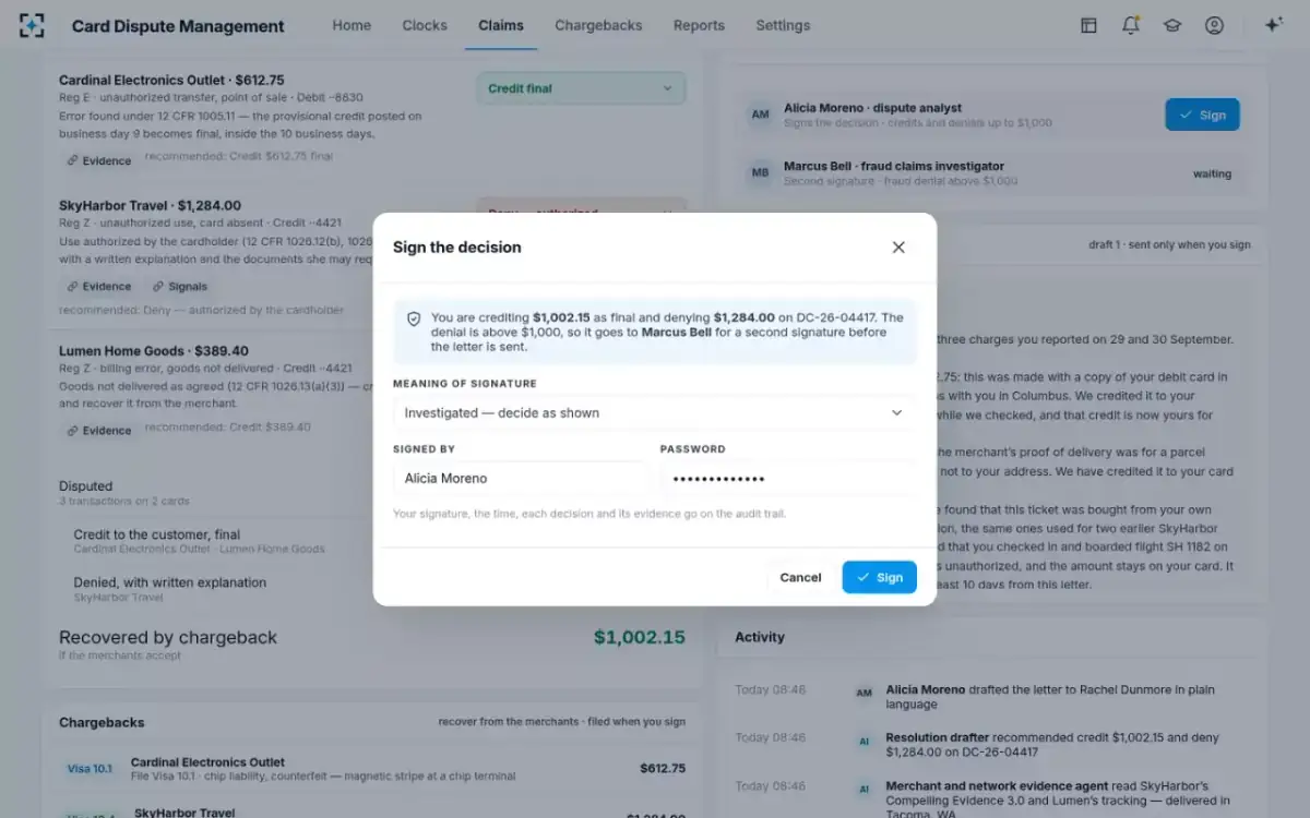 Card Dispute Management — Sign the decision