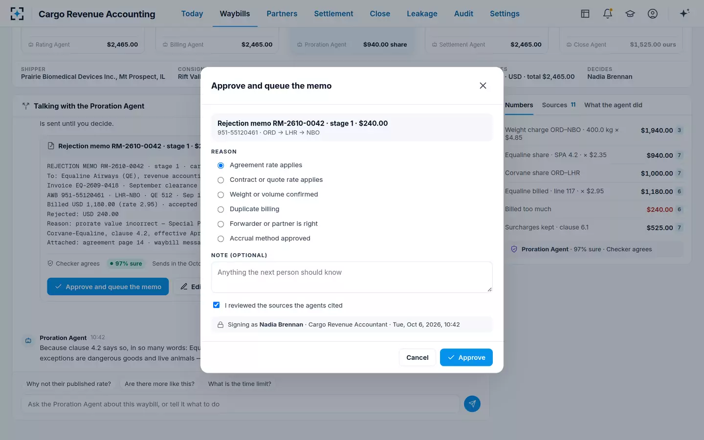Cargo Revenue Accounting — Approve with a reason