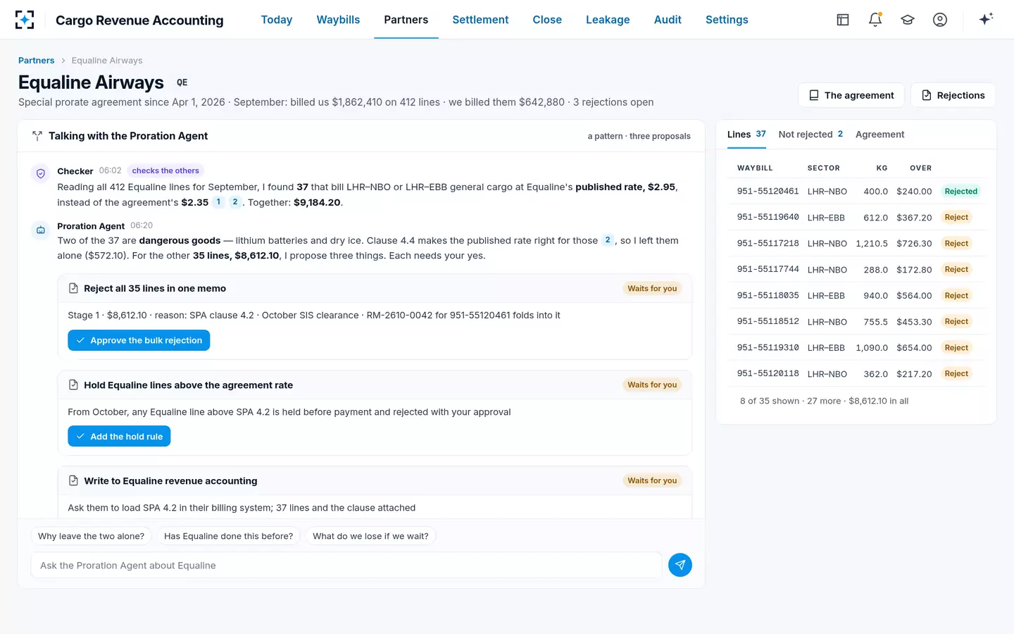 Cargo Revenue Accounting — One partner's repeated overbilling