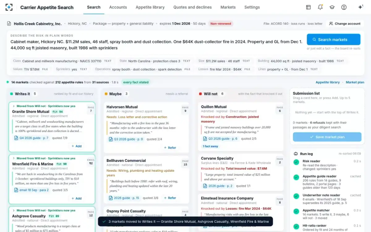 Carrier Appetite Search — The live re-sort
