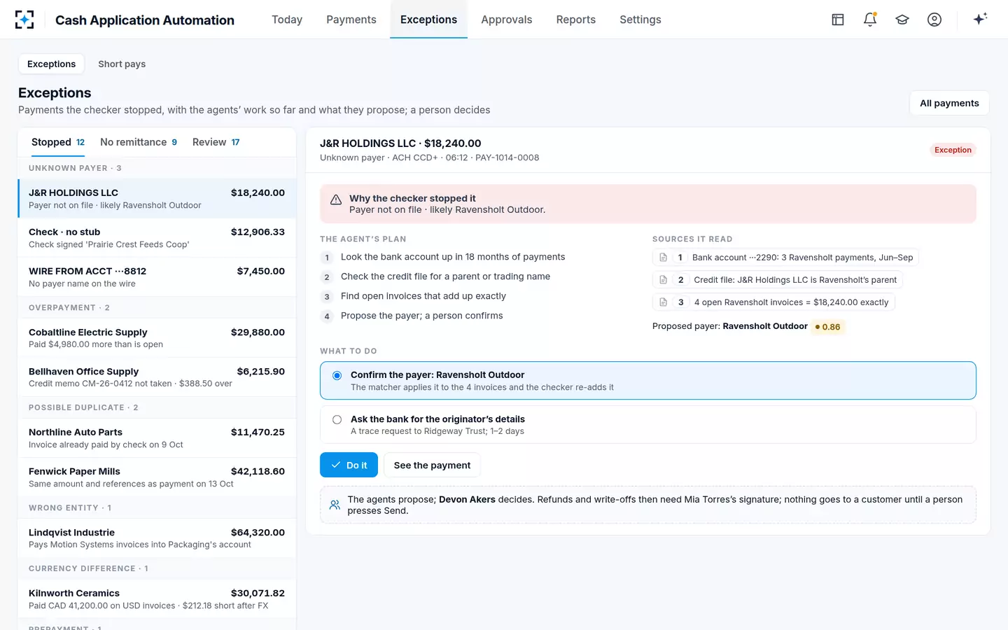 Cash Application Automation — Exceptions, worked by the agents
